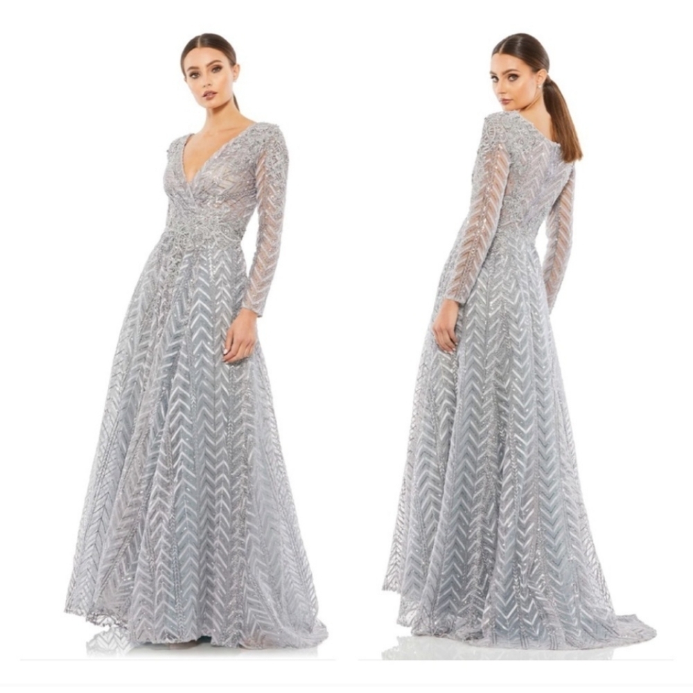 Mac Duggal 20189 Embellished Illusion Long Sleeve Wrap Over A Line size 4